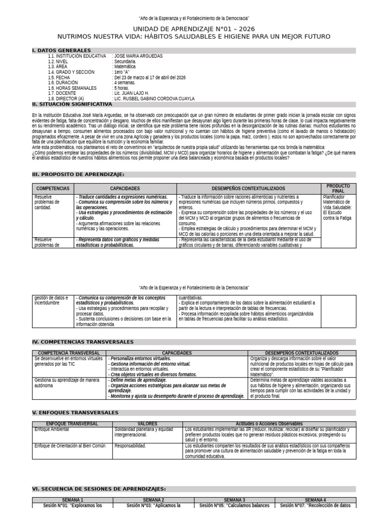 UNIDAD DE APRENDIZAJE N°01-2026-1ERO | PDF | Datos | Estadísticas
