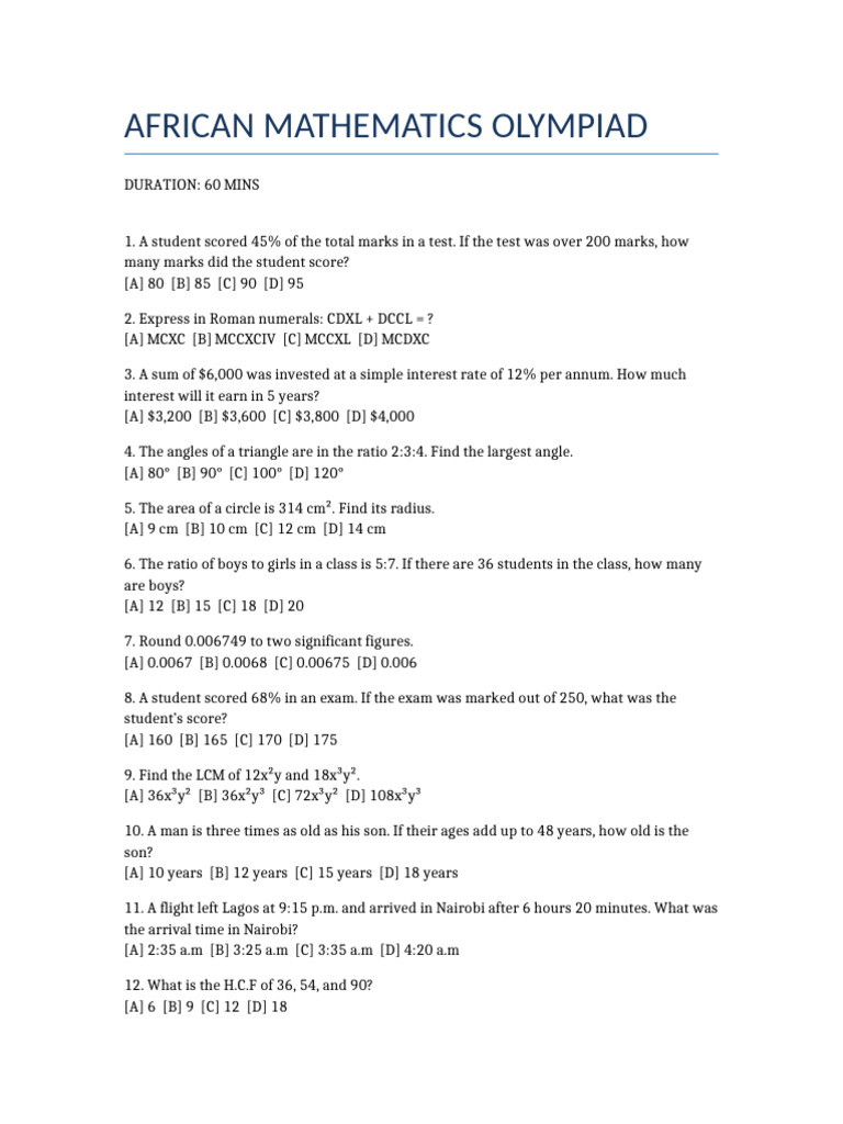 African Mathematics Olympiad 30 Questions | PDF