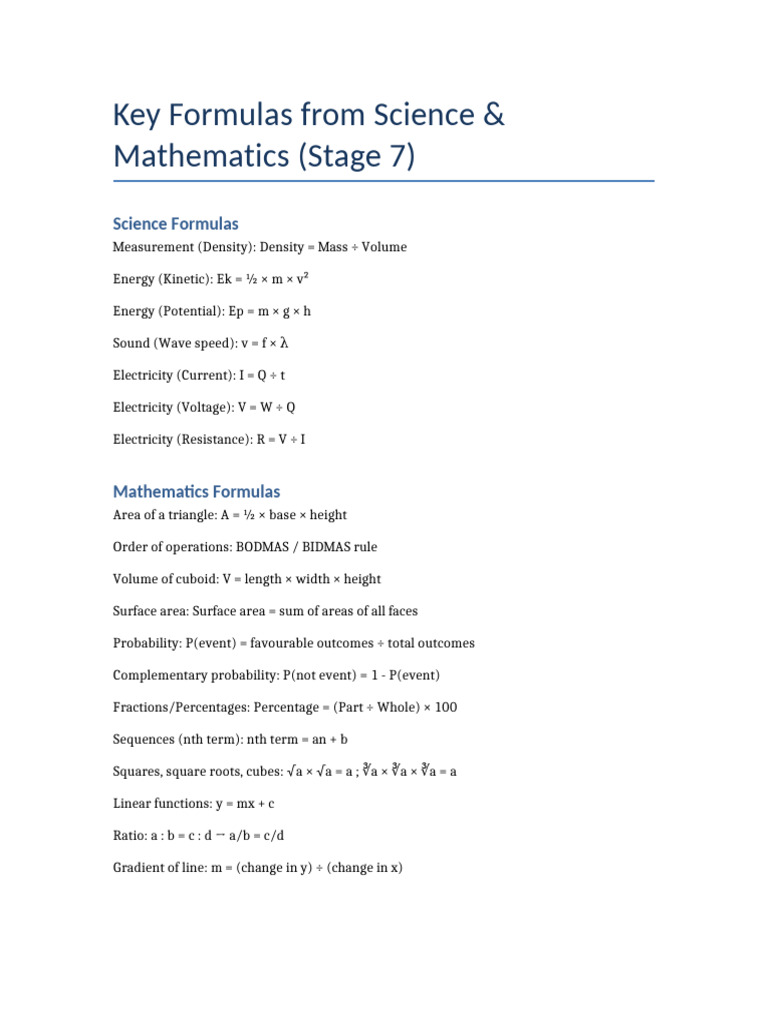 Stage7 Science Maths Formulas | PDF