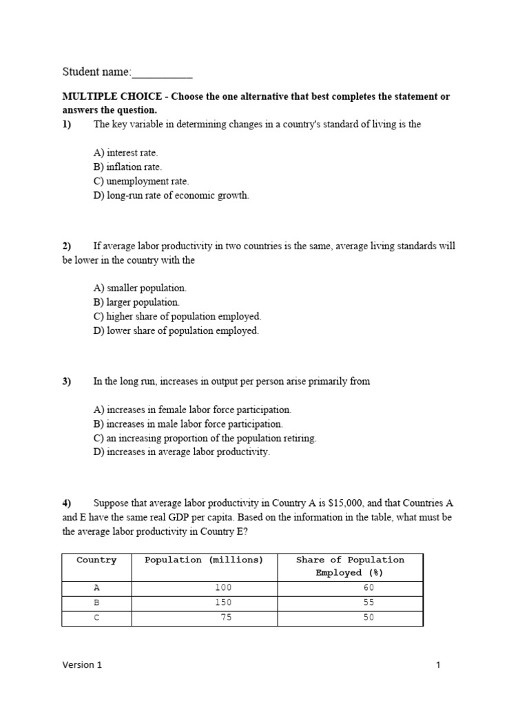 Chapter 07 Quiz Version1 | PDF | Economic Growth | Labour Economics