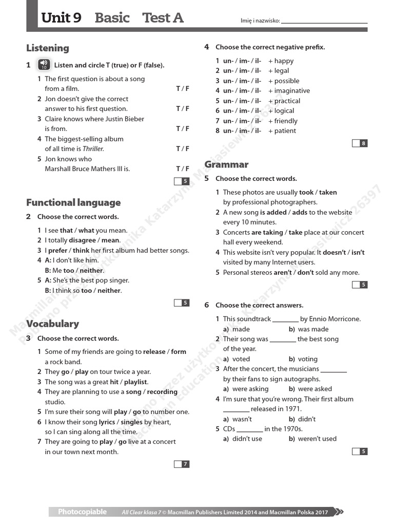 All Clear Kl7 Unit9 Basic Test A | PDF | Grammy Awards | Music Industry