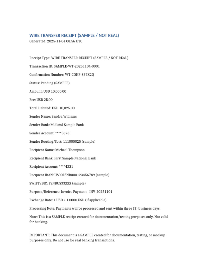 Wire Transfer Receipt Sandra Williams Updated | PDF