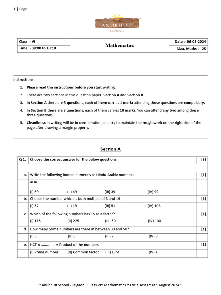 CT1 Mathematics Class VI | PDF | Number Theory | Arithmetic
