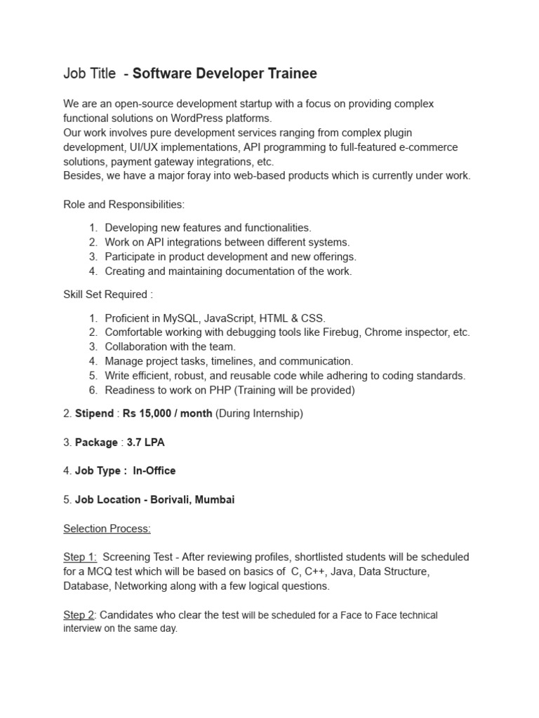 Software Developer Trainee SaffireTech | PDF