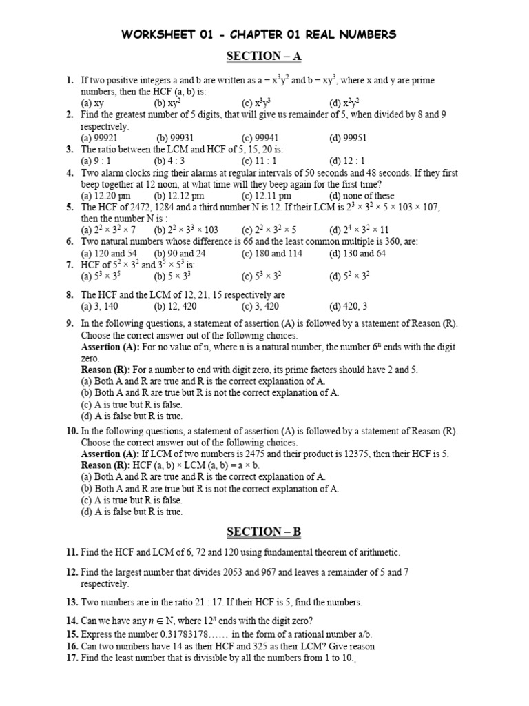Worksheet -1 Real Numbers | PDF | Numbers | Mathematical Concepts