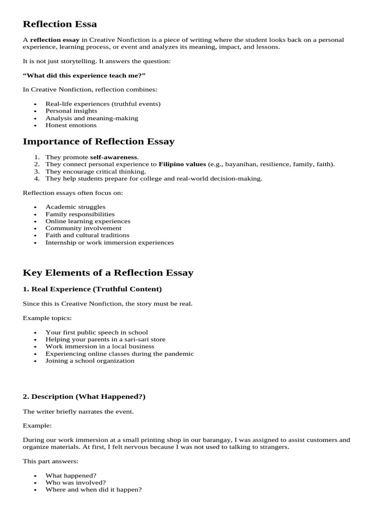 Reflection Essay Ans Worksheet | PDF | Experience | Essays