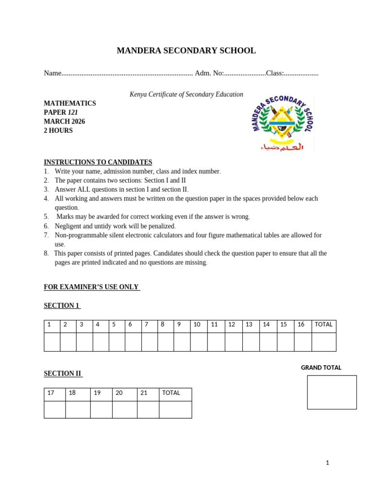 Form 4 Maths Term 1 2026 | PDF | Algebra | Mathematics