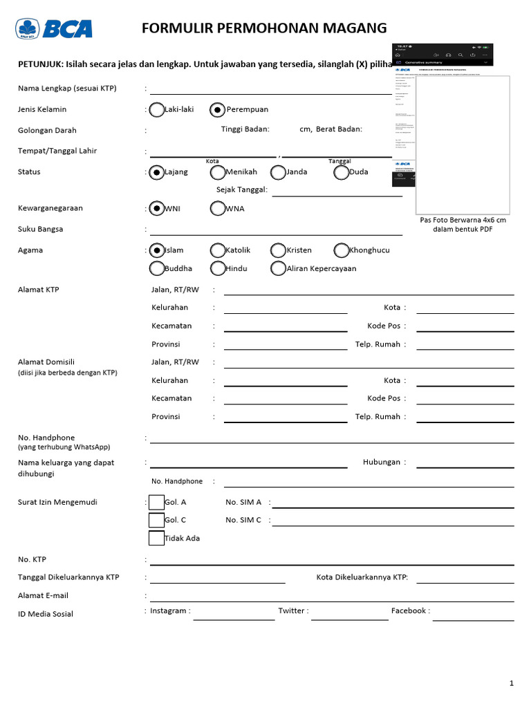 Formulir Magang Dengan Foto | PDF