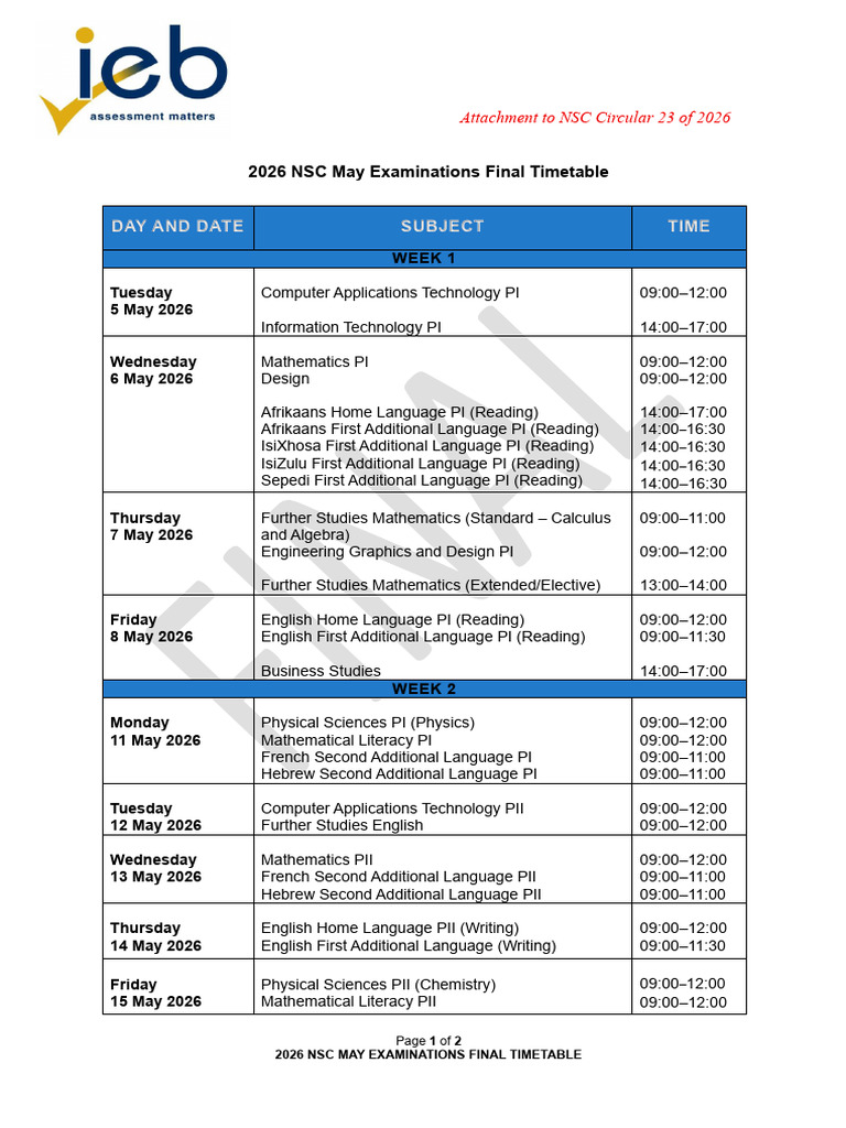 26023 NSC Attachment 2026 NSC May Examinations Final Timetable | PDF ...