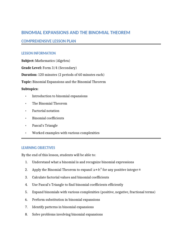 BINOMIAL EXPANSIONS AND THE BINOMIAL THEOREM - Complete Lesson Plan ...