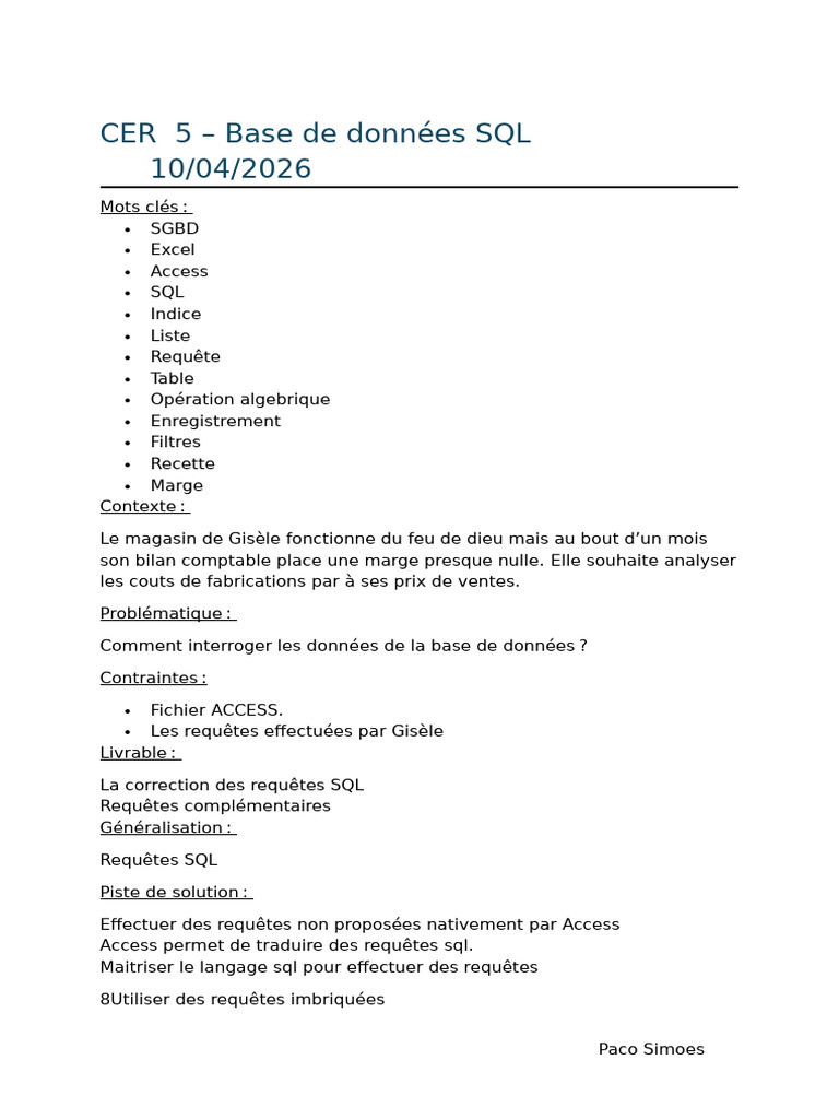 Cer 5 - BDD | PDF | SQL | Microsoft Access