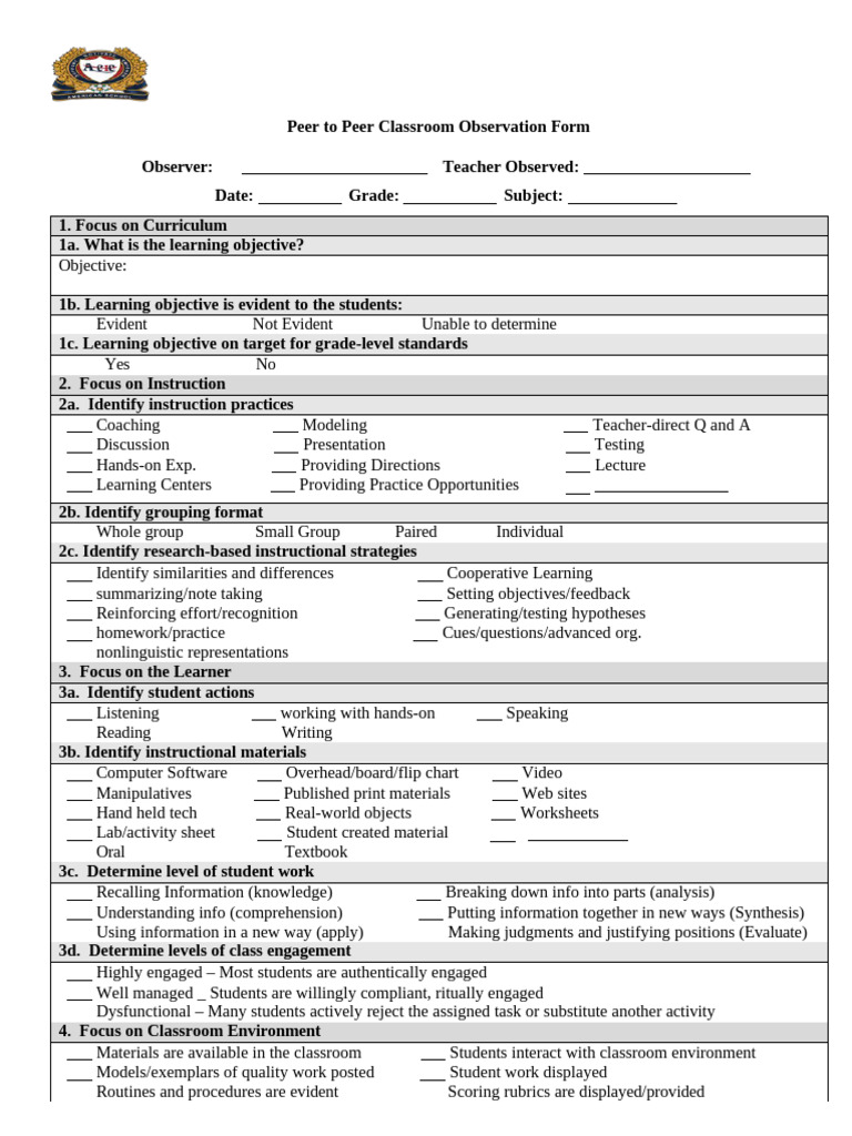 Peer Classroom Observation Form | PDF | Teachers | Learning