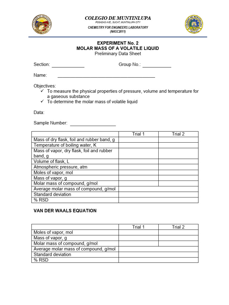 Experiment 2 Preliminary Data Sheet (1) | PDF