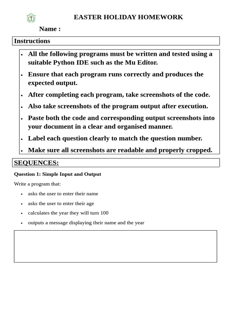 Easter Holiday Homework Programming | PDF | Area