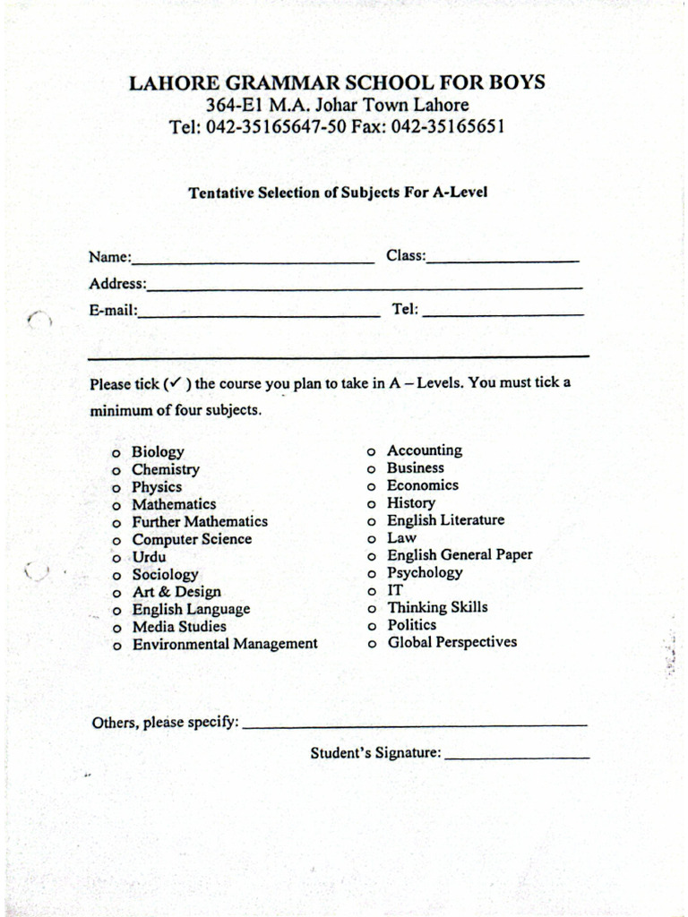 A Levels Subject Selection Form | PDF