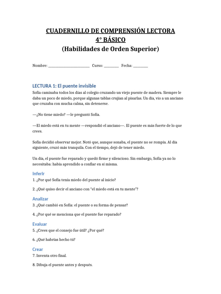 Cuadernillo Comprension 4 Basico | PDF