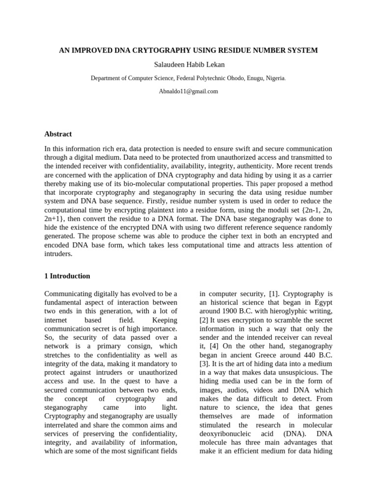 An Improved Dna Cryptography Using Rns | PDF | Key (Cryptography ...