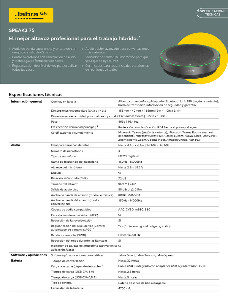 Item 2 Ficha Tecnica Speak2 75 Tech Spechs 150125 | PDF | Bluetooth | USB