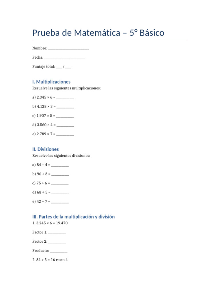 Prueba Matematica 5 Basico | PDF