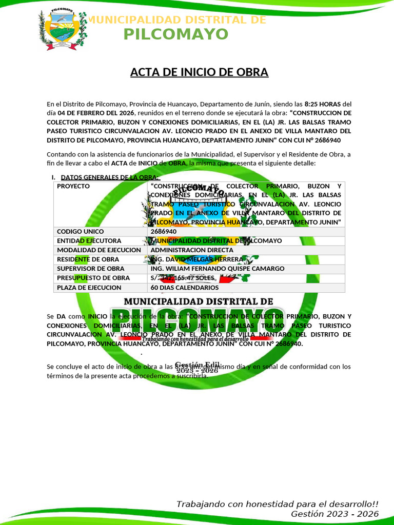 Acta de Inicio de Obra | PDF