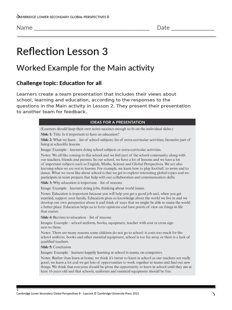 Reflection Lesson 3 Worked Example for the Main Activity | PDF