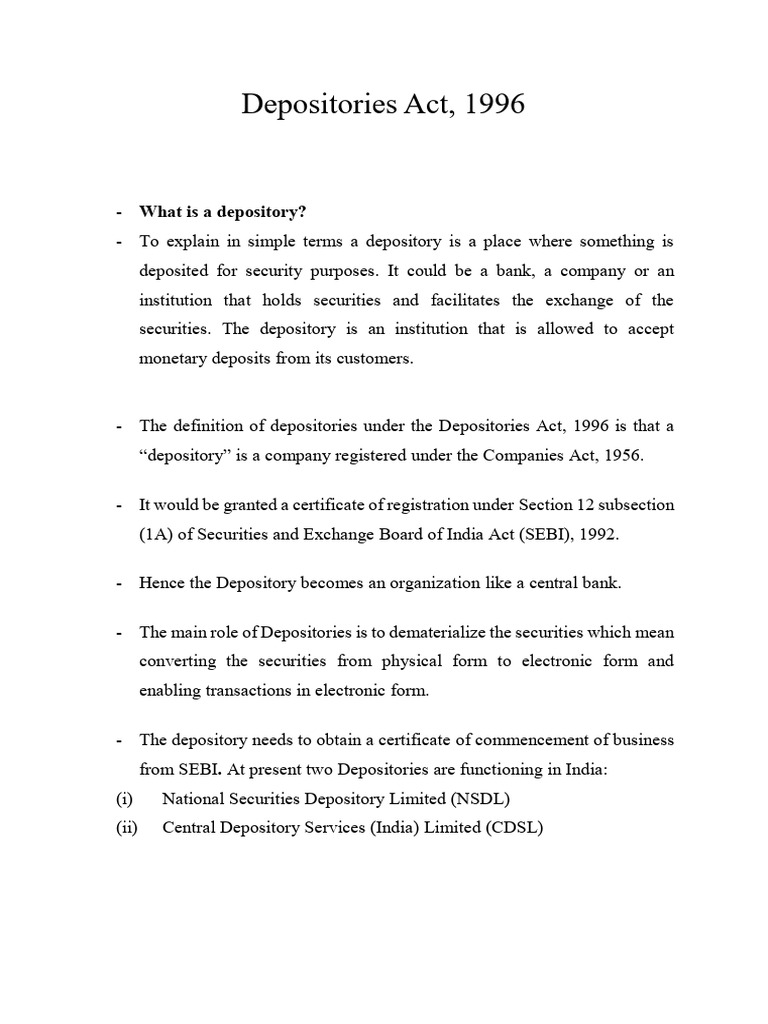 Depository Act Notes | PDF | Securities (Finance) | Banks