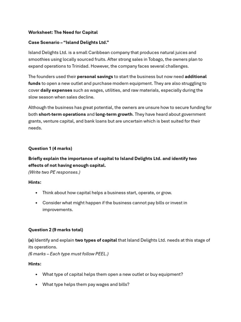 (U1M3) 1 - The Need For Capital Worksheet | PDF | Capital (Economics ...