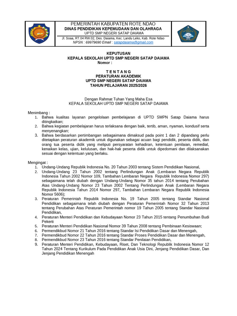 Peraturan Akademik UPTD SMPN Satap Daiama | PDF