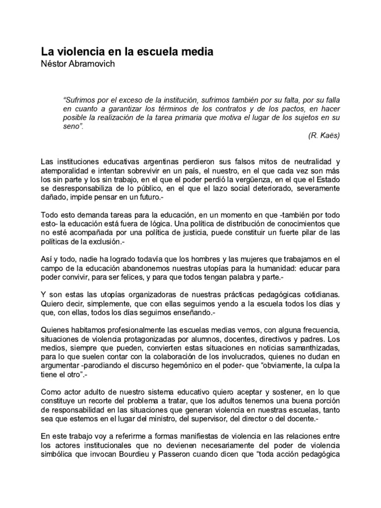La Violencia en La Escuela Media, Abramovich | PDF | Escuelas | Violencia