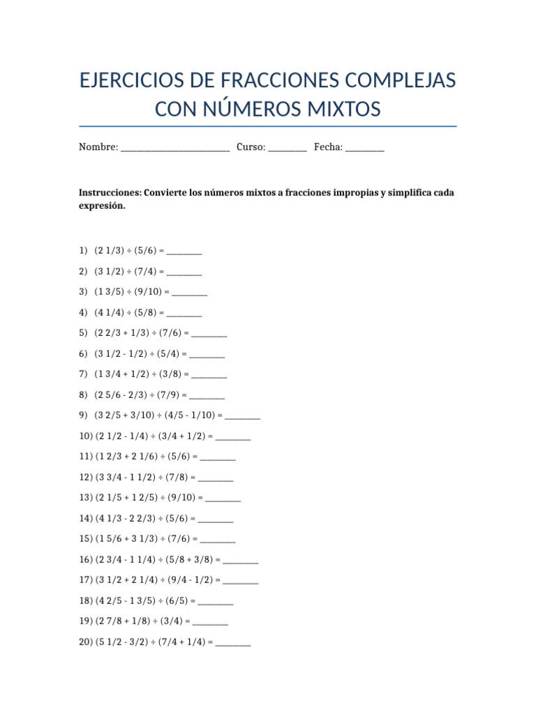 Fracciones Complejas Para Imprimir | PDF