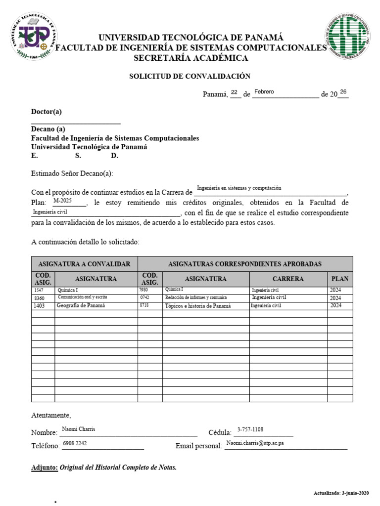 Solicitud de Convalidacion | PDF