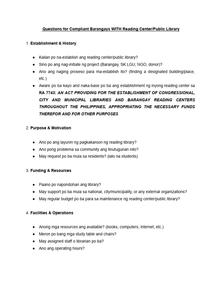 Initial Questions For Compliant Brgys | PDF