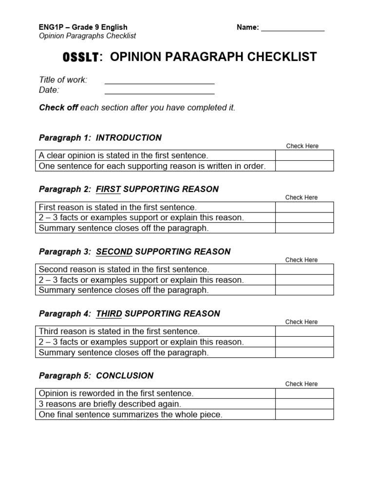 Checklist for Writing a Series of Paragraphs Expressing an Opinion | PDF