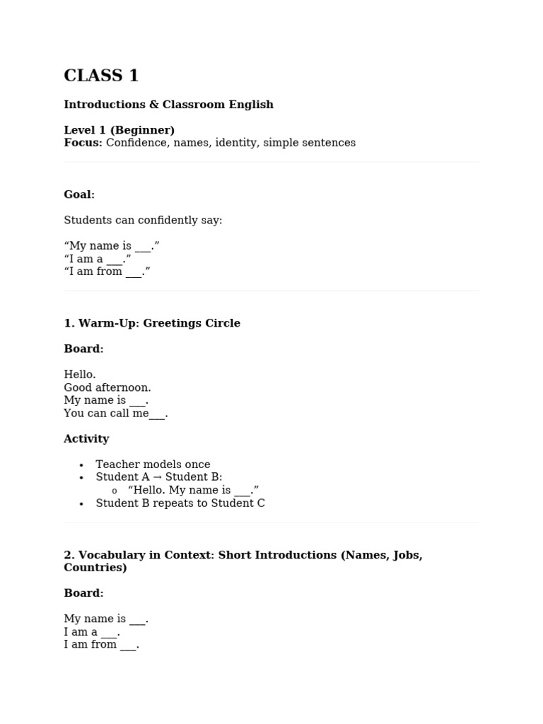 Level 1 English Class 1 | PDF