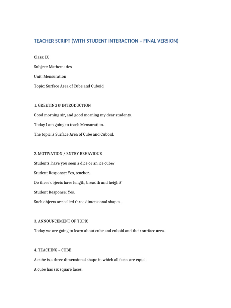 Surface Area Cube and Cuboid Teacher Script (1) | PDF