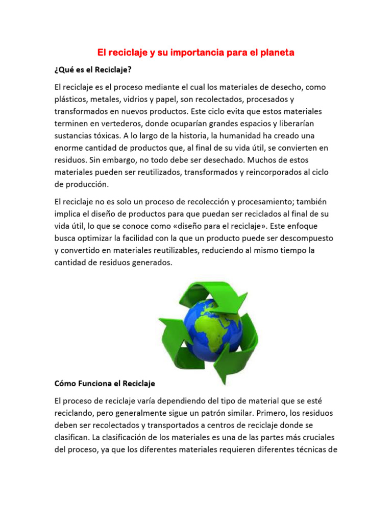 El reciclaje y su importancia para el planeta | PDF | Reciclaje | Residuos