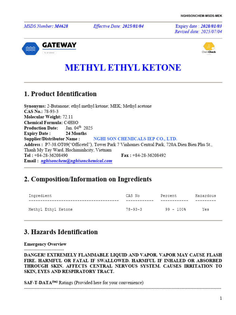 Nsc-Msds-Mek - 2025.07 - Eng | PDF | Occupational Safety And Health ...