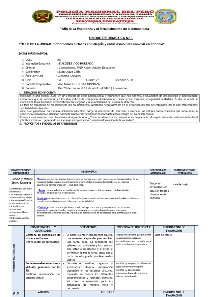 Unidad de Aprendizaje 01 - Secundaria 2026. 2do DPCC | PDF | Aprendizaje