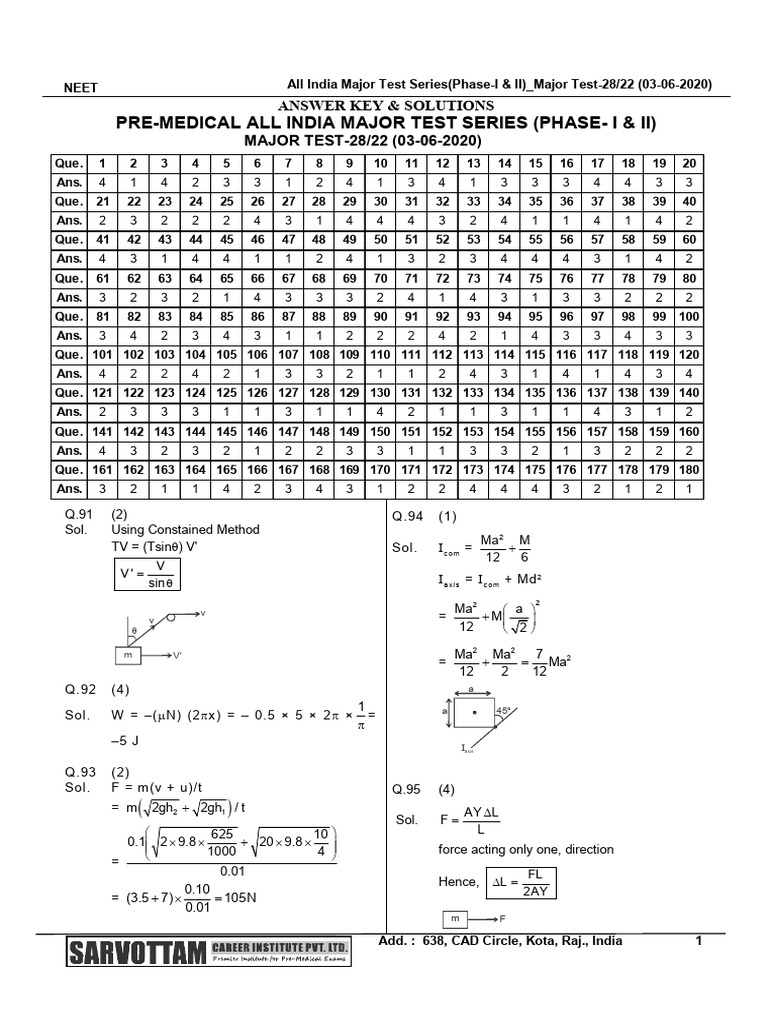 Sarvottam NEET Test Paper 01 Sol | PDF | Physical Quantities | Quantity