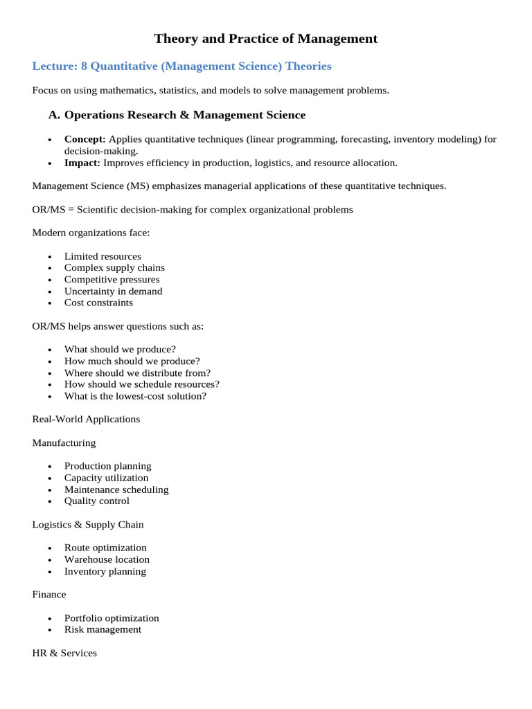 Lecture 8 - Quantitative (Management Science) Theories | PDF ...
