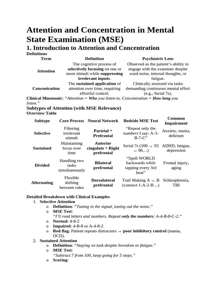 Attention and Concentration in Mental State Examination | PDF ...