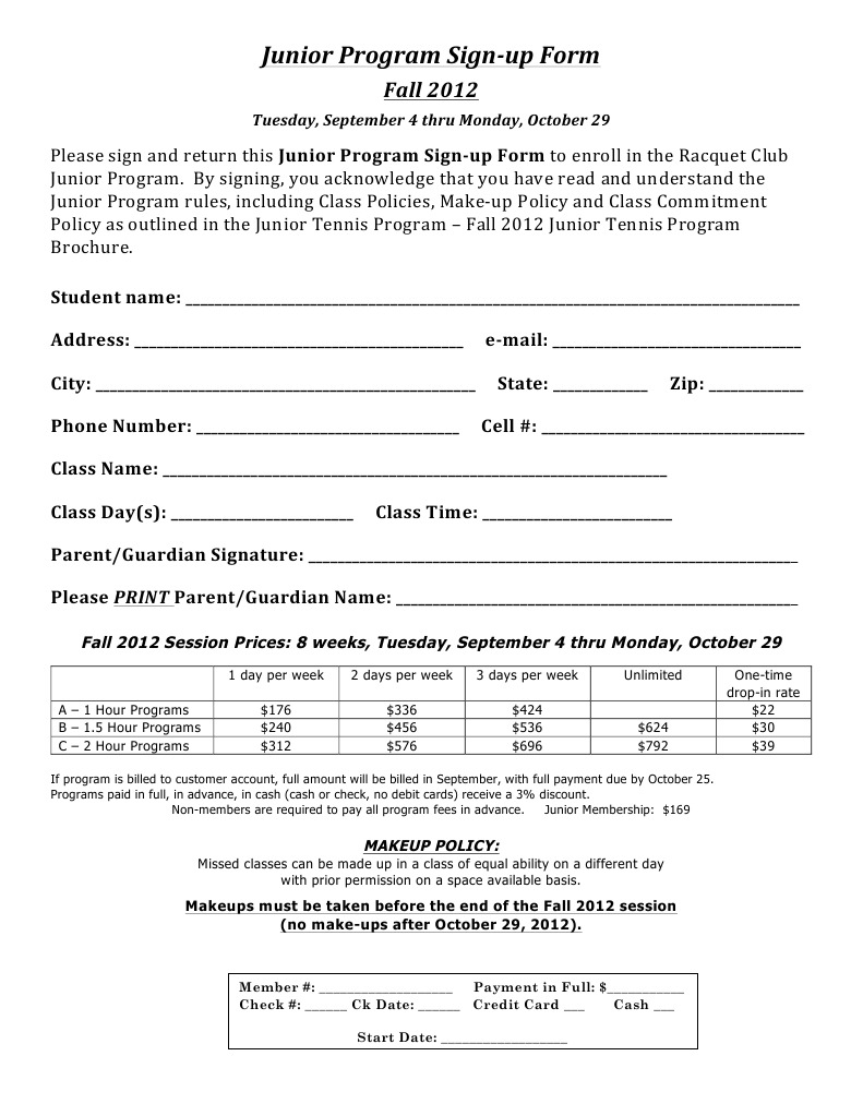 Junior Program Sign-up Form Fall 2012 | PDF | Payments | Credit Card