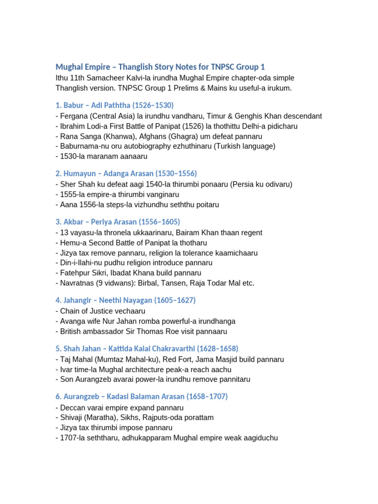 Mughal Empire Thanglish TNPSC | PDF