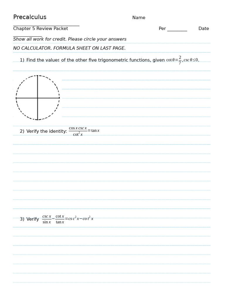 PC Chapter 5 Review Packet | PDF | Trigonometric Functions | Elementary ...