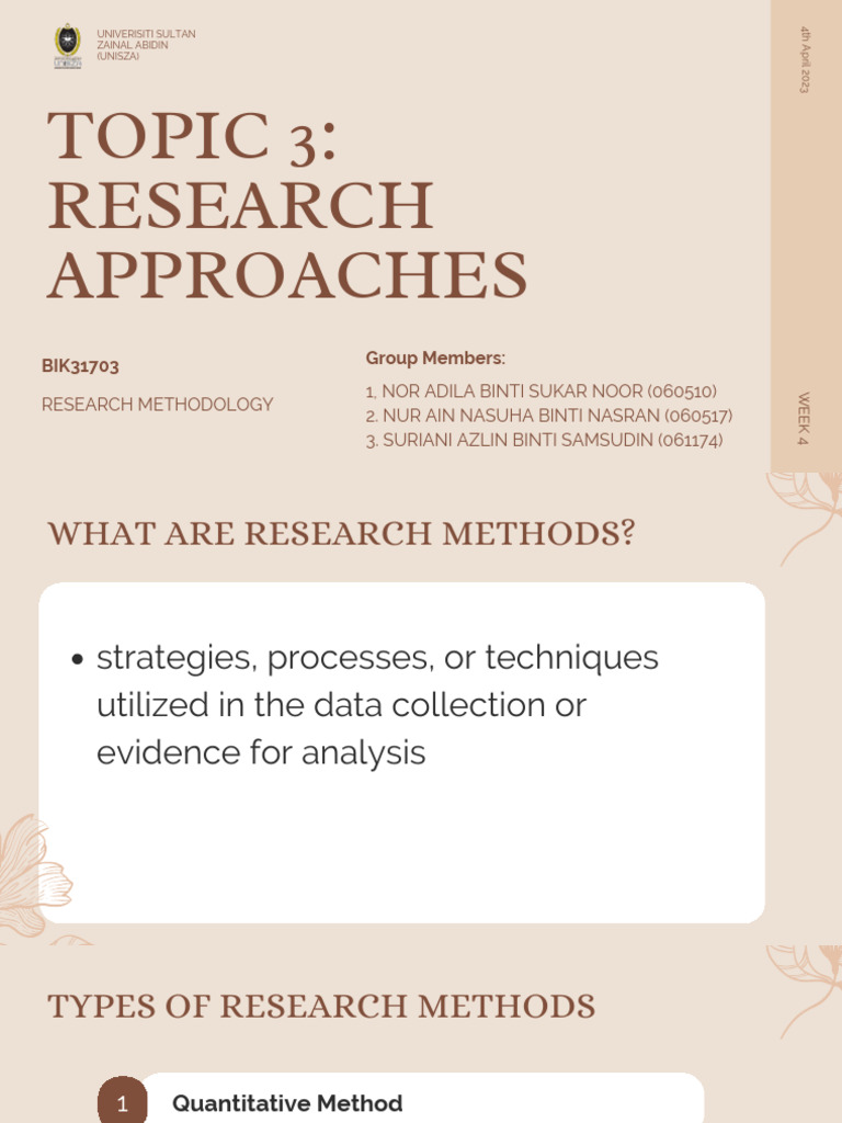Topic 3 Research Approaches | PDF | Methodology | Quantitative Research