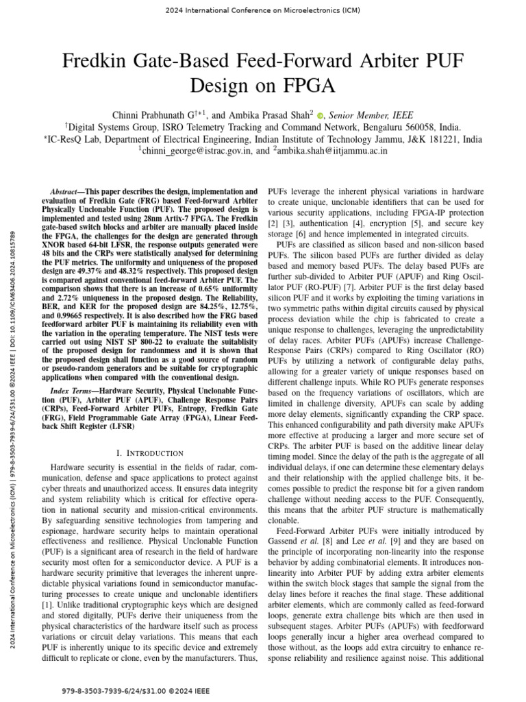 Fredkin Gate-Based Feed-Forward Arbiter PUF Design on FPGA | PDF ...