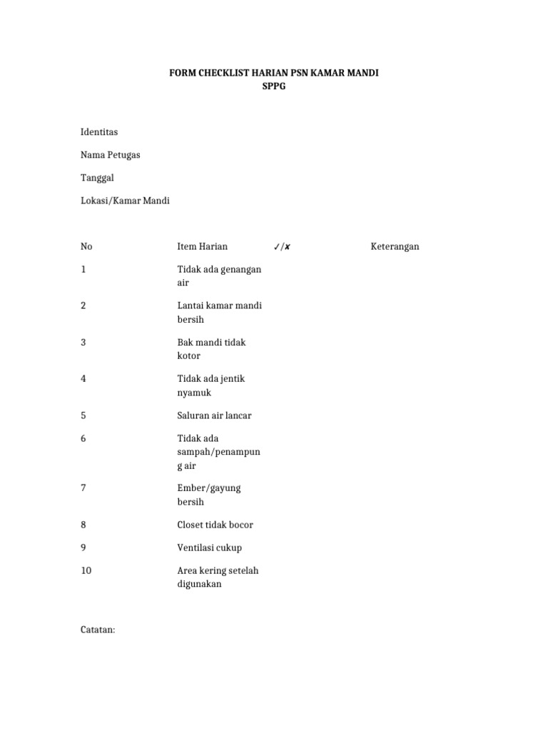 Checklist Harian PSN Kamar Mandi | PDF
