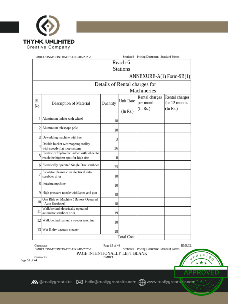 ANNEXURE-A(1) to Form-9B(1) - Details of Rental Charges for Machineries ...