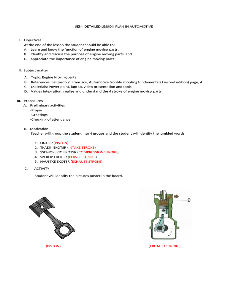 Semi Detailed Lesson Plan in Automotive | PDF | Piston | Mechanical ...