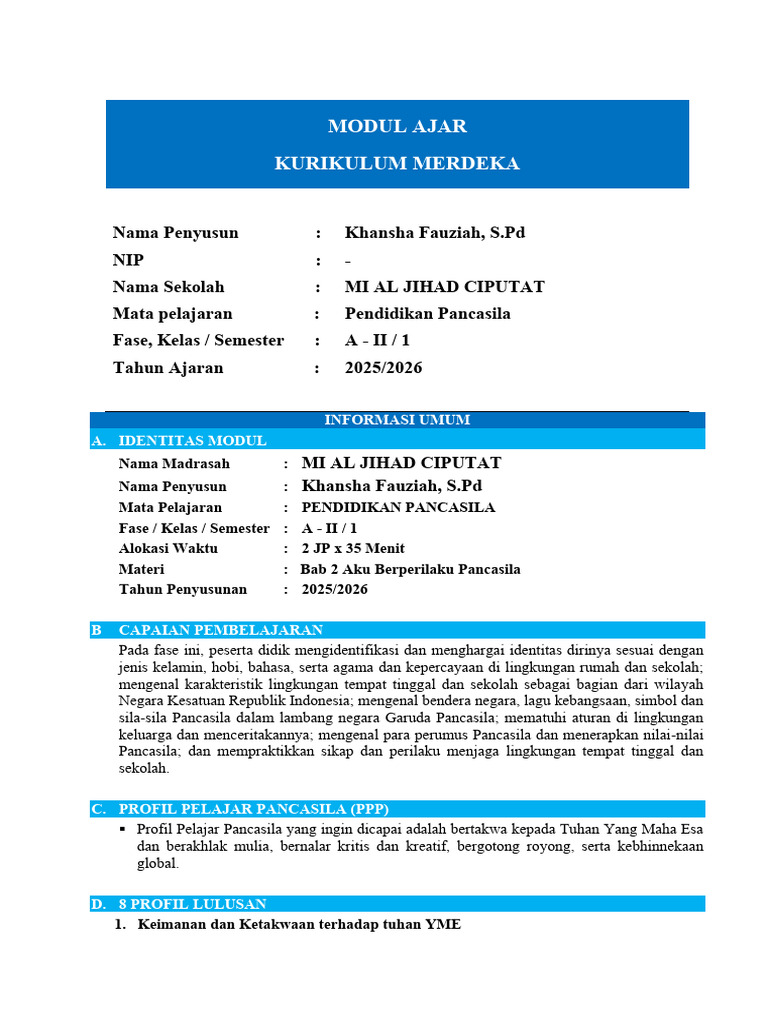 Modul Ajar Pendidikan Pancasila Kelas 2 Semester 1 | PDF